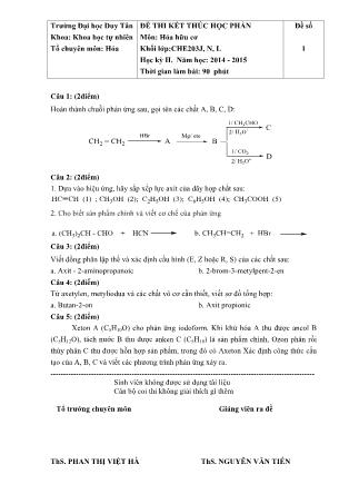 Đề thi kết thúc học phần môn Hóa hữu cơ - Học kì II - Năm học 2014-2015