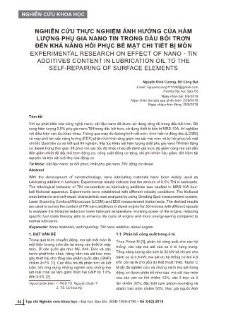 Nghiên cứu thực nghiệm ảnh hưởng của hàm lượng phụ gia nano tin trong dầu bôi trơn đến khả năng hồi phục bề mặt chi tiết bị mòn
