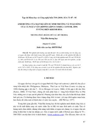 Ảnh hưởng của mật độ lên sự sinh trưởng và tỉ lệ sống của cá ngựa vằn (Hippocampus comes, cantor, 1850) ở vùng biển Khánh Hòa