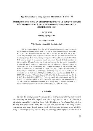 Ảnh hưởng của thức ăn đến sinh trưởng, tỷ lệ sống và chuyển hóa protein của cá trắm đen Mylopharyngodon piceus