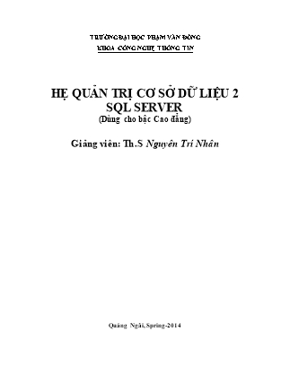 Bài giảng Hệ quản trị cơ sở dữ liệu 2 (SQL server) - Nguyên Trí Nhân