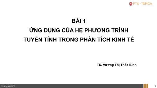 Bài giảng Toán kính tế - Bài 1: Ứng dụng của hệ phương trình tuyến tính trong phân tích kinh tế - Vương Thị Thảo Bình