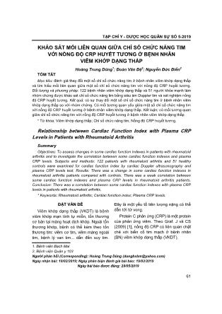 Khảo sát mối liên quan giữa chỉ số chức năng tim với nồng độ CRP huyết tương ở bệnh nhân viêm khớp dạng thấp