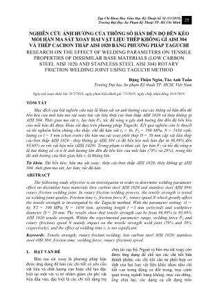 Nghiên cứu ảnh hưởng của thông số hàn đến độ bền kéo mối hàn ma sát xoay hai vật liệu thép không gỉ AISI 304 và thép cacbon thấp AISI 1020 bằng phương pháp taguchi