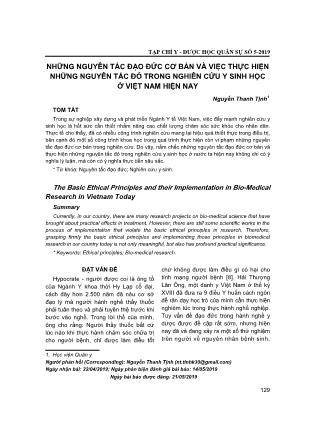 Những nguyên tắc đạo đức cơ bản và việc thực hiện những nguyên tắc đó trong nghiên cứu y sinh học ở Việt Nam hiện nay