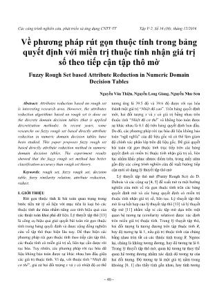 Về phương pháp rút gọn thuộc tính trong bảng quyết định với miền trị thuộc tính nhận giá trị số theo tiếp cận tập thô mờ