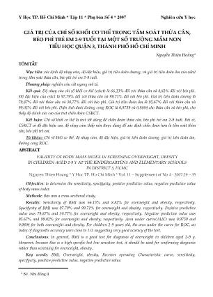 Giá trị của chỉ số khối cơ thể trong tầm soát thừa cân, béo phì trẻ em 2-9 tuổi tại một số trường mầm non tiểu học quận 3, TP Hồ Chí Minh