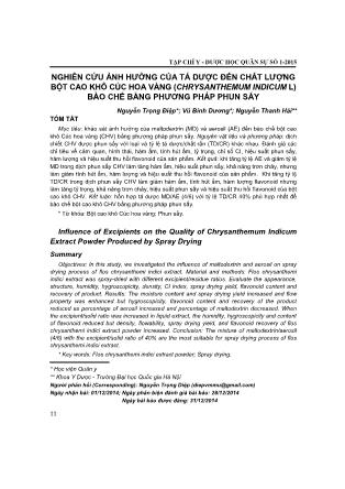 Nghiên cứu ảnh hưởng của tá dược đến chất lượng bột cao khô cúc hoa vàng (chrysanthemum indicum l) bào chế bằng phương pháp phun sấy