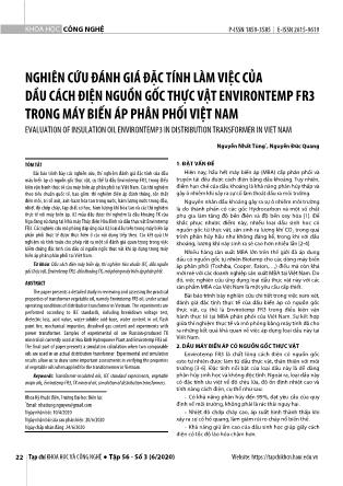 Nghiên cứu đánh giá đặc tính làm việc của dầu cách điện nguồn gốc thực vật Envirotemp FR3 trong máy biến áp phân phối Việt Nam