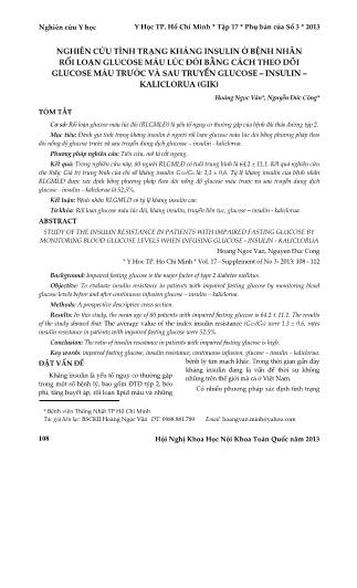 Nghiên cứu tình trạng kháng insulin ở bệnh nhân rối loạn glucose máu lúc đói bằng cách theo dõi glucose máu trước và sau truyền glucose-insulin-kaliclorua (GIK)