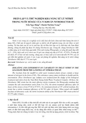 Phân lập và thử nghiệm khả năng xử lý nitrit trong nước rỉ rác của vi khuẩn Nitrobacter sp.
