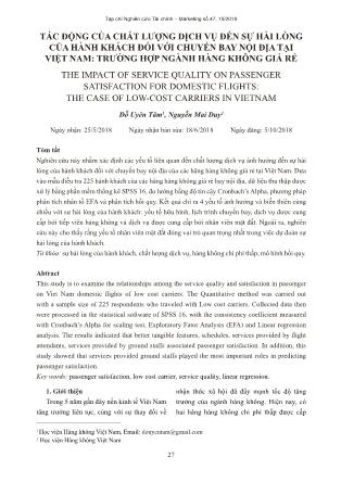 Tác động của chất lượng dịch vụ đến sự hài lòng của hành khách đối với chuyến bay nội địa tại Việt Nam: trường hợp ngành hàng không giá rẻ
