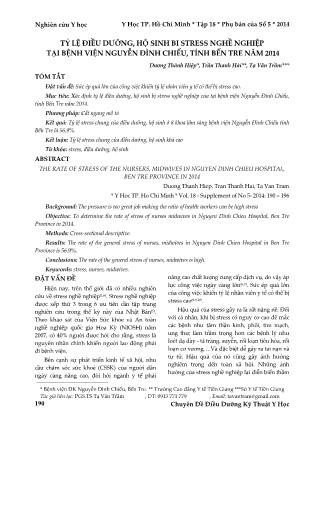 Tỷ lệ điều dưỡng, hộ sinh bi stress nghề nghiệp tại bệnh viện Nguyễn Đình Chiểu, tỉnh Bến Tre năm 2014