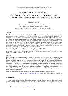 Đánh giá lựa chọn nhà thầu đối với các gói thầu xây lắp dựa trên kỹ thuật so sánh cặp đôi của phương pháp phân tích thứ bậc