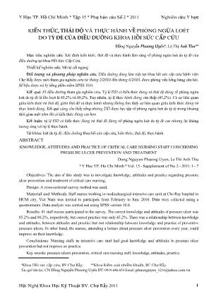 Kiến thức, thái độ và thực hành về phòng ngừa loét do tỳ đè của điều dưỡng khoa hồi sức cấp cứu