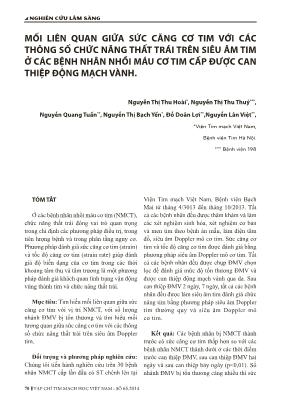 Mối liên quan giữa sức căng cơ tim với các thông số chức năng thất trái trên siêu âm tim ở các bệnh nhân nhồi máu cơ tim cấp được can thiệp động mạch vành