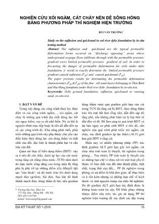 Nghiên cứu xói ngầm cát chảy nền đê sông Hồng bằng phương pháp thí nghiệm hiện trường
