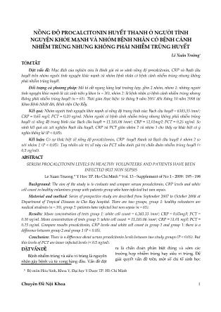 Nồng độ procalcitonin huyết thanh ở người tình nguyện khỏe mạnh và nhóm bệnh nhân có bệnh cảnh nhiễm trùng nhưng không phải nhiễm trùng huyết