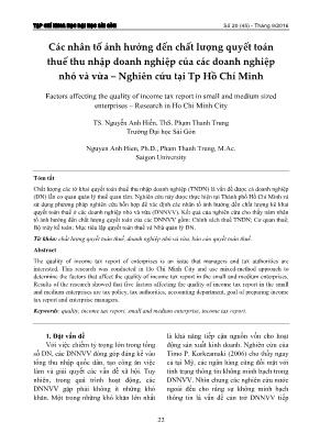 Các nhân tố ảnh hưởng đến chất lượng quyết toán thuế thu nhập doanh nghiệp của các doanh nghiệp nhỏ và vừa - Nghiên cứu tại Tp Hồ Chí Minh