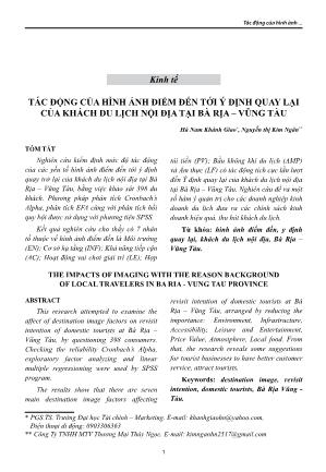 Tác động của hình ảnh điểm đến tới ý định quay lại của khách du lịch nội địa tại Bà Rịa-Vũng Tàu