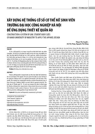 Xây dựng hệ thống cỡ số cơ thể nữ sinh viên trường Đại học Công nghiệp Hà Nội để ứng dụng thiết kế quần áo