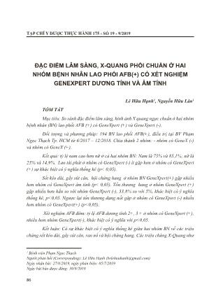 Đặc điểm lâm sàng, X-Quang phổi chuẩn ở hai nhóm bệnh nhân lao phổi AFB(+) có xét nghiệm GeneXpert dương tính và âm tính