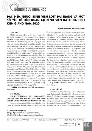 Đặc điểm người bệnh viêm loét đại tràng và một số yếu tố liên quan tại Bệnh viện Đa khoa tỉnh Kiên Giang năm 2020 Đặc điểm người bệnh viêm loét đại tràng và một số yếu tố liên quan tại Bệnh viện Đa khoa tỉnh Kiên Giang năm 2020