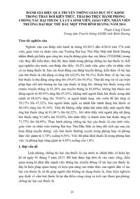 Đánh giá hiệu quả truyền thông giáo dục sức khỏe trong thay đổi kiến thức, thái độ thực hành phòng chống tác hại thuốc lá của sinh viên, giáo viên, nhân viên trường Đại học Thủ Dầu Một tỉnh Bình Dương năm 2014