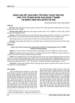 Đánh giá kết quả điều trị phẫu thuật nội soi ung thư thanh quản giai đoạn T1N0M0 tại Bệnh viện Ung bướu Hà Nội