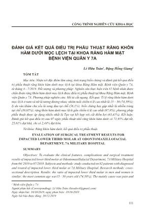 Đánh giá kết quả điều trị phẫu thuật răng khôn hàm dưới mọc lệch tại khoa răng hàm mặt Bệnh viện Quân Y 7a