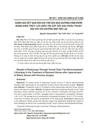 Đánh giá kết quả nội soi tán sỏi qua đường hầm kehr bằng điện thủy lực điều trị sót sỏi sau phẫu thuật nội soi sỏi đường mật mổ lại Đánh giá kết quả nội soi tán sỏi qua đường hầm kehr bằng điện thủy lực điều trị sót sỏi sau phẫu thuật nội soi sỏi đường mật mổ lại