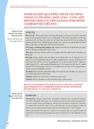 Đánh giá kết quả phẫu thuật lấy nhân thoát vị cột sống thắt lưng - Cùng kết hợp đặt dụng cụ liên gai sau intraspine tại bệnh viện Việt Đức Đánh giá kết quả phẫu thuật lấy nhân thoát vị cột sống thắt lưng - Cùng kết hợp đặt dụng cụ liên gai sau intraspine tại bệnh viện Việt Đức