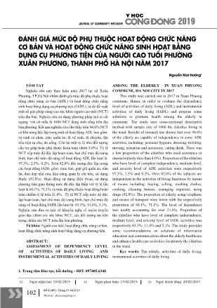 Đánh giá mức độ phụ thuộc hoạt động chức năng cơ bản và hoạt động chức năng sinh hoạt bằng dụng cụ phương tiện của người cao tuổi phường xuân phương, thành phố hà nội năm 2017