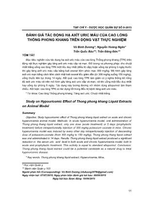 Đánh giá tác động hạ axít uric máu của cao lỏng thống phong khang trên động vật thực nghiệm