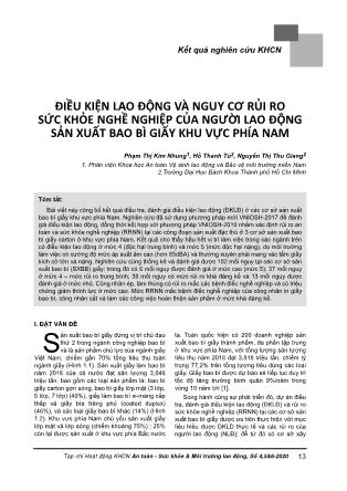 Điều kiện lao động và nguy cơ rủi ro sức khỏe nghề nghiệp của người lao động sản xuất bao bì giấy khu vực phía Nam