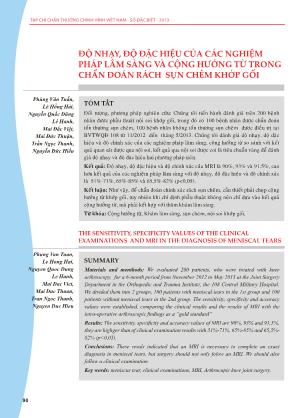 Độ nhạy, độ đặc hiệu của các nghiệm pháp lâm sàng và cộng hưởng từ trong chẩn đoán rách sụn chêm khớp gối