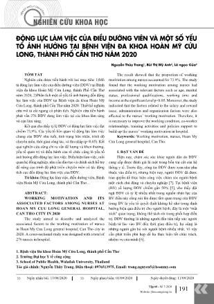 Động lực làm việc của điều dưỡng viên và một số yếu tố ảnh hưởng tại bệnh viện đa khoa Hoàn Mỹ Cửu Long, thành phố Cần Thơ năm 2020