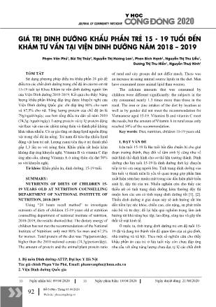 Giá trị dinh dưỡng khẩu phần trẻ 15-19 tuổi đến khám tư vấn tại viện dinh dưỡng năm 2018-2019