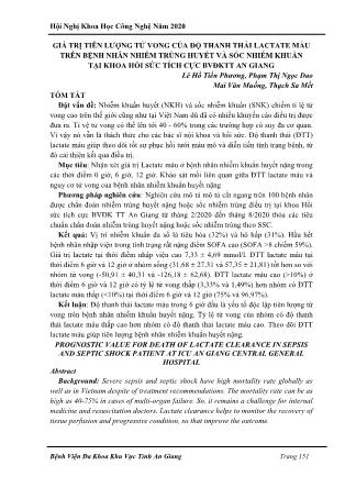 Giá trị tiên lượng tử vong của độ thanh thải lactate máu trên bệnh nhân nhiễm trùng huyết và sốc nhiễm khuẩn tại khoa hồi sức tích cực BVĐKTT An Giang