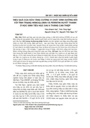 Hiệu quả của sữa tăng cường vi chất dinh dưỡng đối với tình trạng hemoglobin và ferritin huyết thanh ở học sinh tiểu học sau 6 tháng can thiệp Hiệu quả của sữa tăng cường vi chất dinh dưỡng đối với tình trạng hemoglobin và ferritin huyết thanh ở học sinh tiểu học sau 6 tháng can thiệp