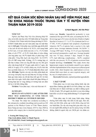 Kết quả chăm sóc bệnh nhân sau mổ viêm phúc mạc tại khoa ngoại thuộc trung tâm y tế huyện Vĩnh Thuận năm 2019-2020 Kết quả chăm sóc bệnh nhân sau mổ viêm phúc mạc tại khoa ngoại thuộc trung tâm y tế huyện Vĩnh Thuận năm 2019-2020