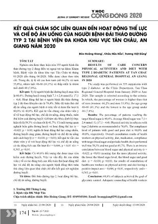 Kết quả chăm sóc liên quan đến hoạt động thể lực và chế độ ăn uống của người bệnh đái tháo đường typ 2 tại bệnh viện đa khoa khu vực Tân Châu, An Giang năm 2020