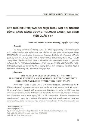 Kết quả điều trị tán sỏi niệu quản nội soi ngược dòng bằng năng lượng holmium laser tại Bệnh viện Quân Y 87