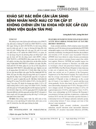 Khảo sát đặc điểm cận lâm sàng bệnh nhân nhồi máu cơ tim cấp st không chênh lên tại khoa hồi sức cấp cứu Bệnh viện quận Tân Phú