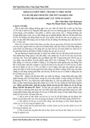 Khảo sát kiến thức, thái độ và thực hành của bà mẹ khi chăm sóc trẻ sốt tại khoa nhi Bệnh viện Đa khoa khu vực tỉnh An Giang