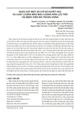 Khảo sát một số chỉ số huyết học và chất lượng mẫu máu cuống rốn lưu trữ tại Bệnh viện nhi Trung Ương Khảo sát một số chỉ số huyết học và chất lượng mẫu máu cuống rốn lưu trữ tại Bệnh viện nhi Trung Ương