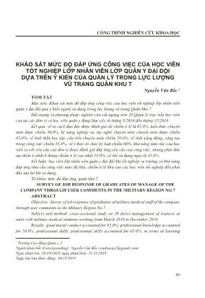 Khảo sát mức độ đáp ứng công việc của học viên tốt nghiệp lớp nhân viên lớp quân y đại đội dựa trên ý kiến của quản lý trong lực lượng vũ trang Quân Khu 7
