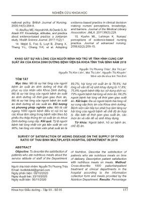 Khảo sát sự hài lòng của người bệnh nội trú về tình hình cung cấp suất ăn của khoa dinh dưỡng Bệnh viện Đa khoa tỉnh Thái Bình năm 2018