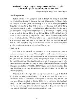 Khảo sát thực trạng hoạt động phòng tư vấn các đơn vị y tế tuyến huyện năm 2014