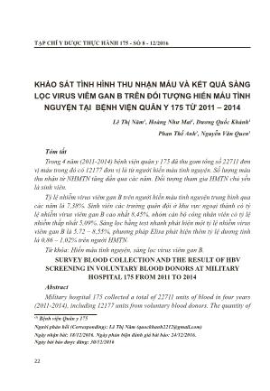 Khảo sát tình hình thu nhận máu và kết quả sàng lọc virus viêm gan B trên đối tượng hiến máu tình nguyện tại Bệnh viện Quân Y 175 từ 2011-2014